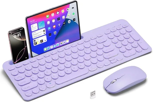 Vista 7 de Combo de teclado y mouse inalámbricos con soporte para tableta de teléfono, modo dual recargable (Bluetooth 5.0 y 3.0 +2.4G) mouse silencioso