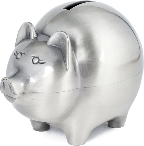 Vista 4 de Creative Gifts International Hucha pequeña de peltre de cerdo Alcancía de plata para niños o recién nacidos Acabado de níquel cepillado 3 x