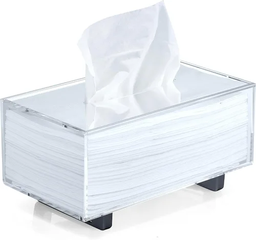 Vista 9 de YoBa Caja de pañuelos de acrílico negro grueso, dispensador cuadrado de caja de pañuelos con patas de aluminio chapado en oro para baño, cocina