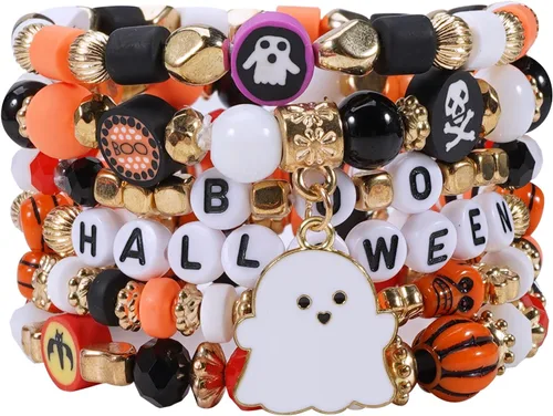 Vista 28 de Ardorchid Pulseras de Halloween para Mujeres Calabaza Fantasma Esqueleto Murciélago Calavera con Cuentas Apilables Elásticas Rugby Acción de Gracias