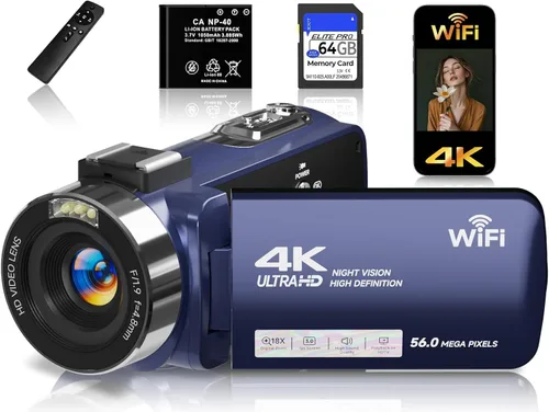 Vista 11 de Videocámara de video 4K con tarjeta SD de 64 GB, cámara WiFi de 56 MP para YouTube, visión nocturna IR, pantalla táctil de 3.0 pulgadas, zoom