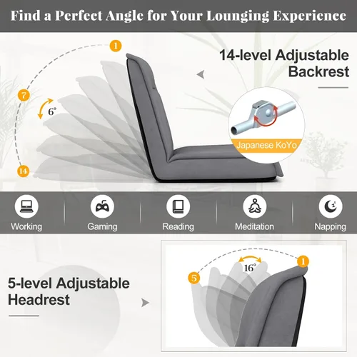 Vista 7 de COSTWAY Silla plegable de suelo, sofá convertible con respaldo ajustable de 14 posiciones, reposacabezas ajustable de 5 posiciones, silla acolchada