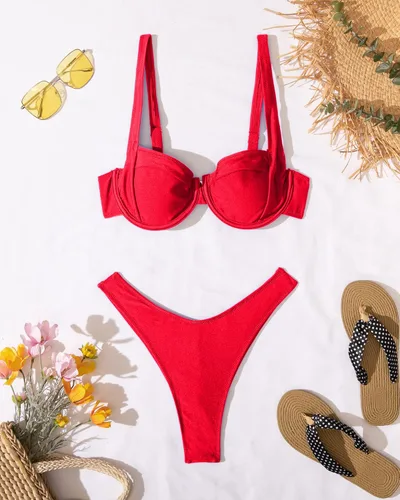 Vista 6 de Conjunto de bikini de corte alto para mujer, con aros y push up, traje de baño de dos piezas triangular, parte inferior de tanga atrevida