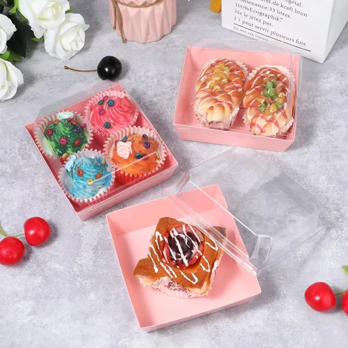 Vista 5 de Paquete de 100 cajas de charcutería con tapas transparentes de 5 pulgadas, cajas de galletas desechables para pasteles, cajas de papel para postres