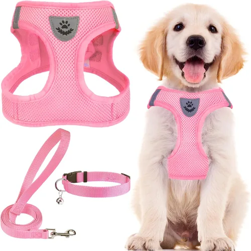 Vista 33 de PUPTECK - Arnés, collar y correa ajustables, sin tirones, para perros pequeños y medianos, cachorros y gatos, pechera reflectante acolchada de malla