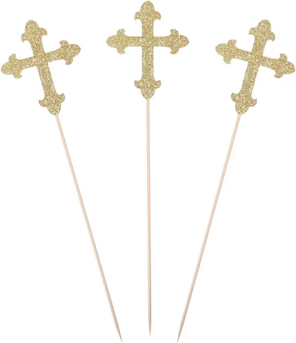 Vista 6 de Palillos de centro de mesa de cruz con purpurina azul para bautizo, decoración de fiesta - Juego de 10