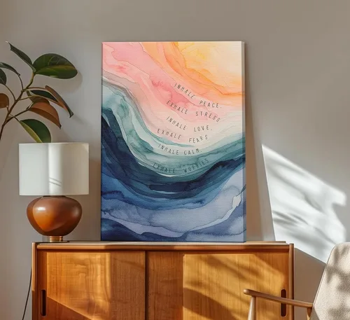 Vista 5 de Arte de pared en lienzo para la salud mental Inhalar Exhalar Pintura de meditación Imagen de pared Decoración Arte de pared acuarela abstracto