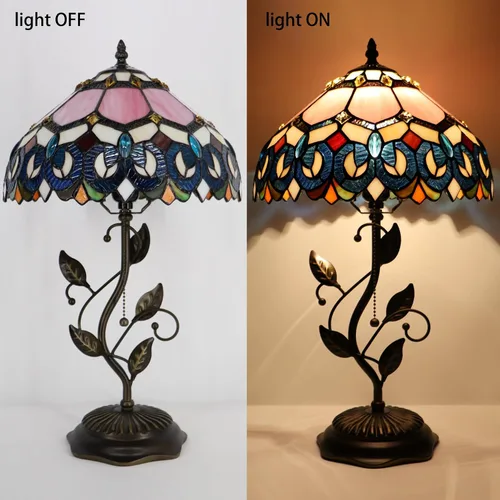 Vista 6 de Tiffany Table Lamp, Pink Stained Glass Desk Light, W12H19 Inch, Metal Leaf Base (Pink Baroque Style)