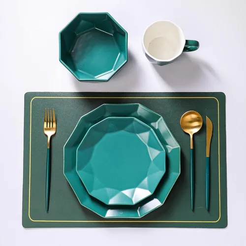 Vista 4 de Stone + Lain Jamie - Juego de vajilla geométrica de porcelana de 16 piezas, color verde Amarillo