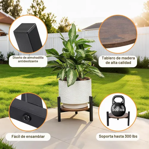 Vista 3 de Vigordream Soporte para plantas de interior, taburete de madera de metal resistente resistente para plantas, soporte de maceta baja y corta