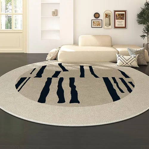 Vista 14 de Modernas alfombras redondas de color marfil a rayas negras para dormitorio, sala de estudio, simple moda abstracta, alfombra de área circular de 2