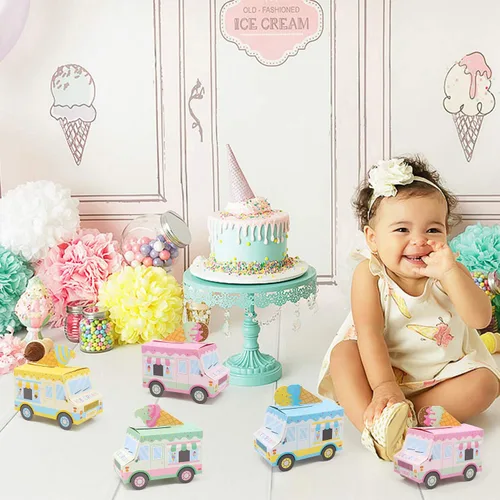 Vista 6 de Bessmoso - Cajas de regalo de fiesta de helados con forma de camión de helados, cajas de dulces para verano, cajas de dulces con chispas temáticas