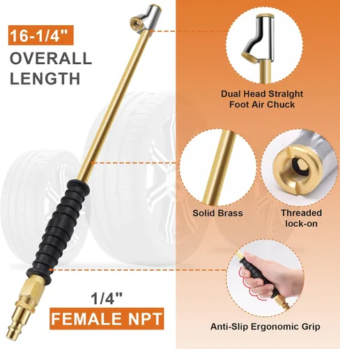 Vista 2 de Mandril de Aire de Cabezal Doble Extendido de 16-1/4" para Neumáticos Dobles de Camiones Semi, Mandril de Inflado de Neumáticos de Servicio Pesado