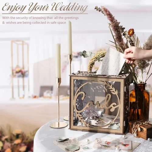Vista 5 de OurWarm Caja de Tarjetas de Boda para Recepción, Cajas de Tarjetas de Boda de Madera con Ventana, Caja de Tarjetas de Regalo de Dinero con Sobre