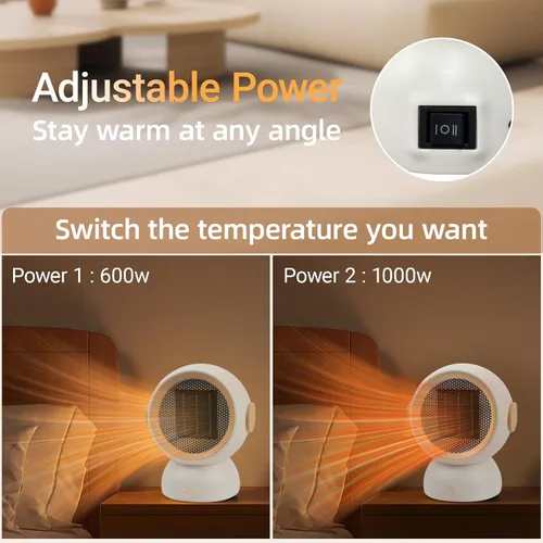 Vista 4 de Calentador de espacio, calentadores eléctricos portátiles para habitación pequeña, para uso en interiores, dos velocidades, 1200 W, mini