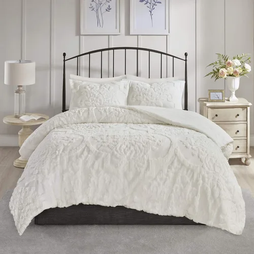 Vista 18 de Madison Park Juego de ropa de cama de algodón chenille con mechones para todas las estaciones, fundas a juego, tamaño matrimonial/queen