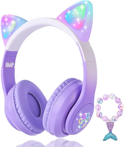 Vista 4 de Cat Ear - Auriculares para niños, Bluetooth, con luz LED, modo inalámbrico/con cable sobre la oreja con micrófono integrado para la escuela/viajes