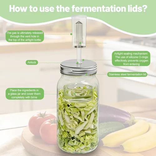 Vista 4 de Klemon Kit de fermentación para tarro de fermentación de masón de boca ancha, kit de chucrut en pepinillo, 4 tapas de fermentación, 4 pesos