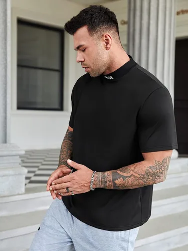 Vista 4 de RLOKK Camisas para hombres y hombres, con bordado de letras y cuello alto falso (color negro, talla 5XL)