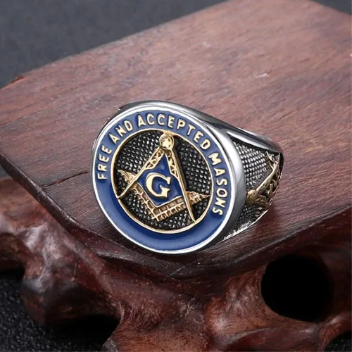 Vista 3 de Anillos de masón sin masones para hombre, de acero inoxidable, anillo de masón, plateado, azul, francmasonería, punk, motero, alianza de boda