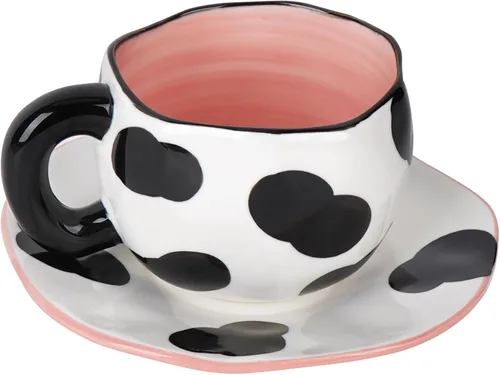 Vista 9 de Juego de taza de café y platillo de cerámica, cerámica hecha a mano de 10 onzas con patrón de nube blanca, pequeña taza de regalo para expreso, Azul