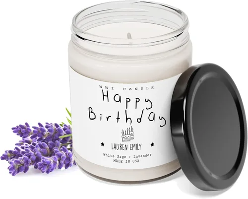 Vista 5 de NHI - Vela personalizada de feliz cumpleaños, vela con nombre personalizado, vela perfumada de cera de soja para el hogar, tarro transparente de 9