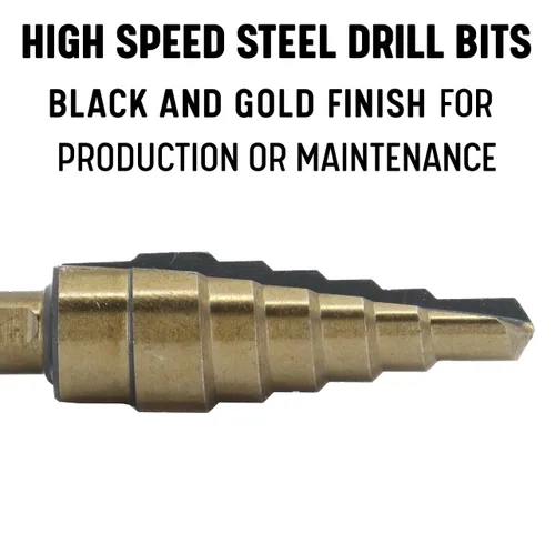 Vista 2 de Drill America #4 HSS - Broca escalonada negra y dorada con vástago hexagonal de cambio rápido (3/16" - 7/8" por 1/16")