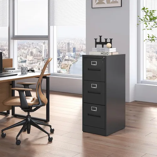 Vista 2 de Archivador vertical de 3 cajones para oficina en casa, archivador de metal con cerradura para carpetas colgantes de tamaño legal/carta, antivuelcos