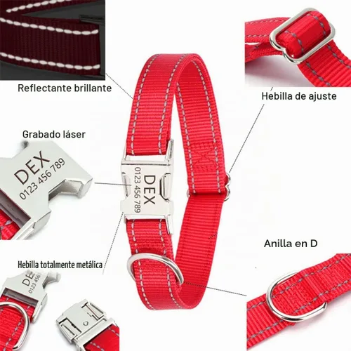 Vista 2 de Collar de perro personalizado reflectante, placa de identificación grabada gratis, collares de perro personalizados de nailon con hebilla de metal
