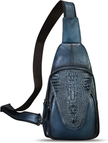 Vista 6 de Bolso de cuero genuino para hombres y mujeres en relieve de piel de cocodrilo honda mochila bandolera de pecho, Azul marino