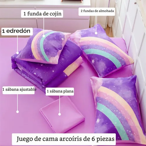 Vista 3 de ANGIYUIN - Juego de edredón infantil de gradiente arcoíris púrpura profundo, 6 piezas, ropa de cama con purpurina brillante para niñas, juego