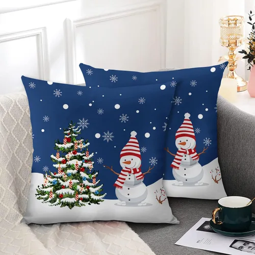 Vista 2 de Fundas de Almohada de Navidad Azul Marino 16x16 Juego de 2 Estilo Granja Muñeco de Nieve Copo de Nieve Árbol de Navidad Fundas de Almohada
