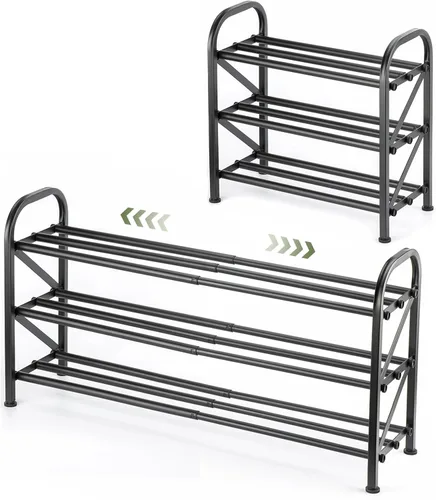 Vista 11 de Zapatero de 2 niveles para armario, zapatero expandible de 16 a 33 pulgadas, ajustable para entrada, armario, puerta, metal resistente, color negro