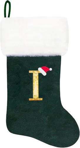 Vista 40 de Calcetines de Navidad bordados de 20 pulgadas con monograma, terciopelo negro con puño de felpa blanca supersuave, adornos clásicos para decoración