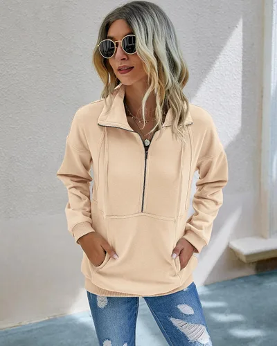 Vista 2 de PRETTYGARDEN - Sudadera sport suelta, de manga larga, para mujer, con cierre de solapa, cordón de ajuste y bolsillos