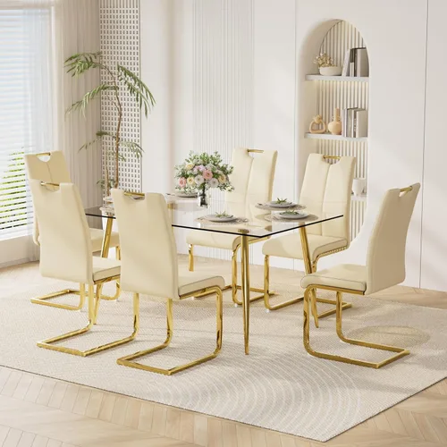 Vista 22 de Juego de mesa de comedor moderno de 51 pulgadas para 4 mesas rectangulares de cristal con 4 sillas tapizadas de cuero, asientos 4 ideales para Beige