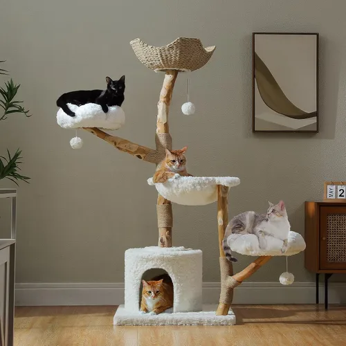 Vista 12 de PAWZ Road Árbol moderno para gatos con poste rascador de madera maciza natural, torre para gatos de 40 pulgadas con cesta de mimbre grande, hamaca