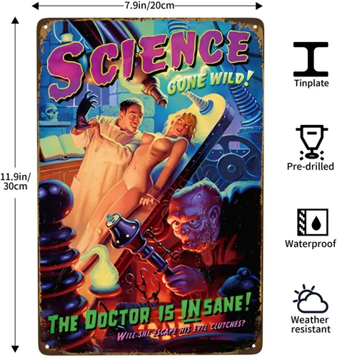 Vista 3 de Letrero de metal vintage con texto en inglés "Science Gone Wild Pin Up Girl", cartel retro de hojalata sexy para hombre, cueva, bar, garaje, pubs