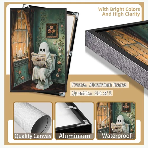 Vista 3 de Arte de pared de periódico de lectura de fantasmas para Halloween, baño, pósteres divertidos de fantasmas en el inodoro, espeluznante academia