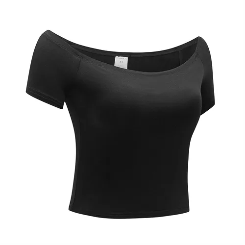 Vista 3 de OThread & Co. Blusa corta de manga corta con hombros descubiertos para mujer, cómoda, básica, con capa elástica