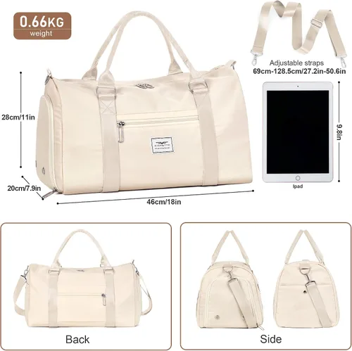 Vista 3 de FIORETTO Bolsa de deporte para mujer con bolsillo para artículos húmedos y compartimento para zapatos, bolsa de lona deportiva durante la noche, fin