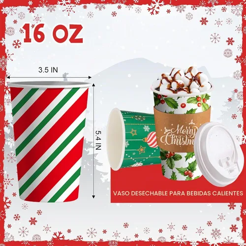 Vista 2 de 36 juegos/108 vasos de papel de Navidad de 16 onzas desechables de Navidad para llevar, tazas de café con tapas y mangas, taza de café de cacao