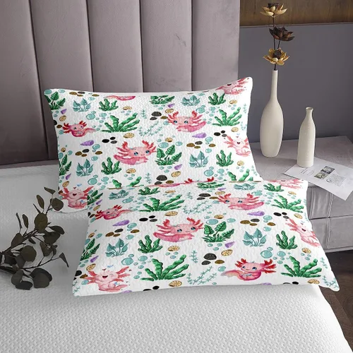 Vista 4 de jejeloiu Lindo juego de colcha de ajolote para niños, colcha de salamandra de dibujos animados para niñas, decoración de plantas acuáticas, colcha