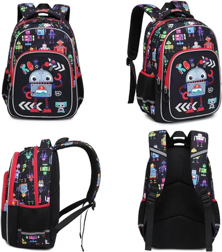 Vista 2 de Moonmo Mochila para niños para preescolar primaria, gran capacidad con múltiples compartimentos, mochila escolar ligera, negro, (Black Robot)