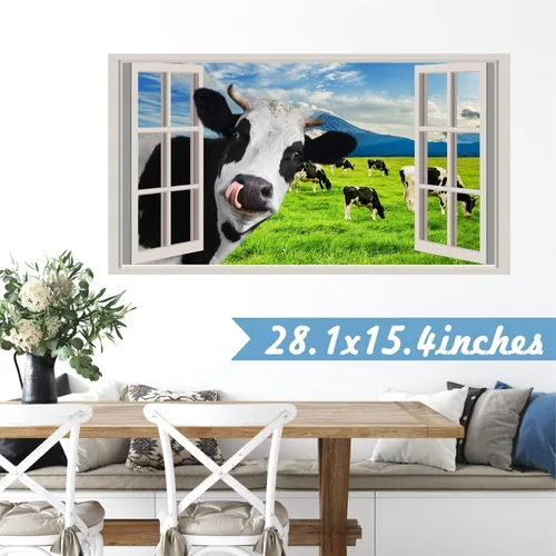 Vista 4 de Divertidas calcomanías de pared de vaca que se asoman, calcomanías de pared de vaca para despegar y pegar, calcomanías 3D falsas para decoración