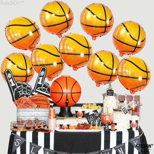 Vista 5 de KatchOn, Globos de baloncesto grandes de papel de aluminio color naranja, 18 pulgadas, paquete de 10 unidades, decoraciones de baloncesto