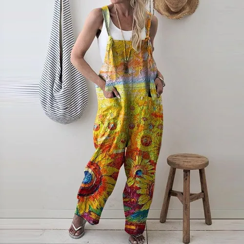 Vista 2 de Overol de manga larga con cuello cuadrado y botones para mujer sin mangas con estampado lindo de gran tamaño con pierna ancha