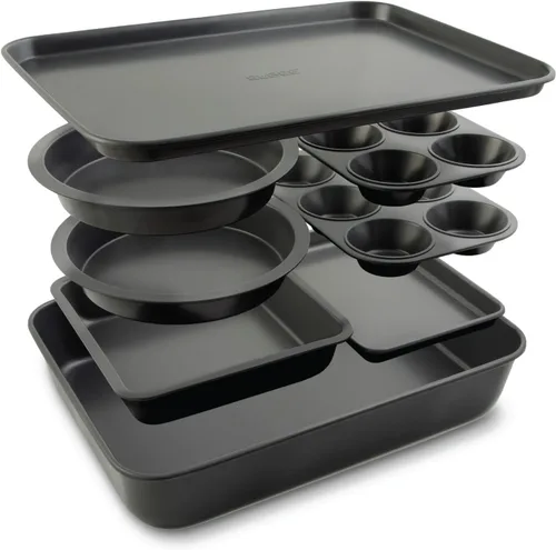 Vista 9 de Elbee Home - Juego de 8 piezas de acero aluminizado antiadherente, ahorro de espacio, con bandeja para asar profundamente, bandeja para galletas