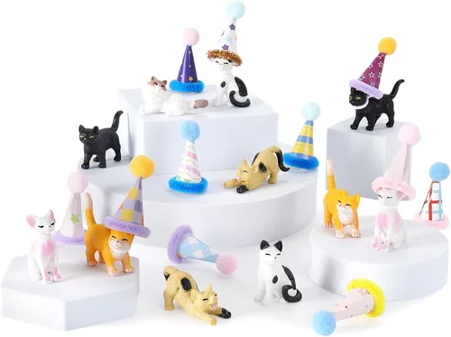 Vista 7 de 20 piezas de figuritas de gato en miniatura con kit de sombreros de cumpleaños, figuritas de gato pequeñas de resina, decoraciones para pasteles