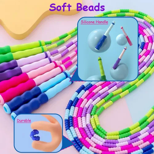 Vista 2 de Cuerda de saltar para niños, niñas y niños, cuerdas de saltar suaves con cuentas, cuerda de saltar ajustable, cuerda segmentada sin enredos